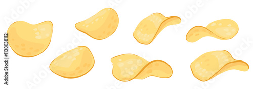 Set of crispy salted potato chips of different shapes. Salty snacks from vegetable. Vector isolated illustration. For packaging, advertising, decoration, design.