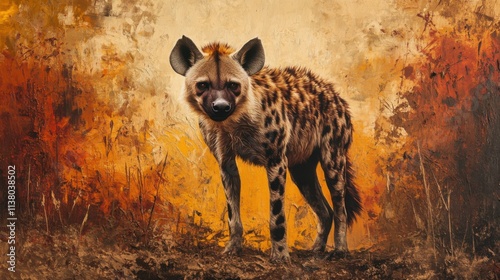 hyena standing on a savanna, intense gaze, vibrant natural surroundings, dramatic and wild atmosphere, bold and engaging composition photo