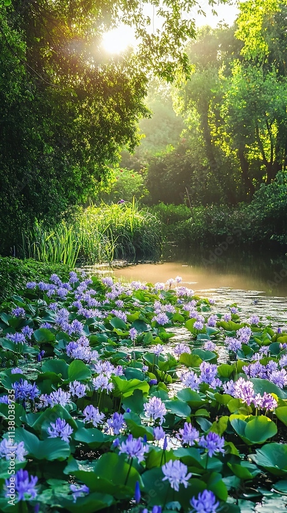 Obraz premium Sunlit stream with purple water lilies.