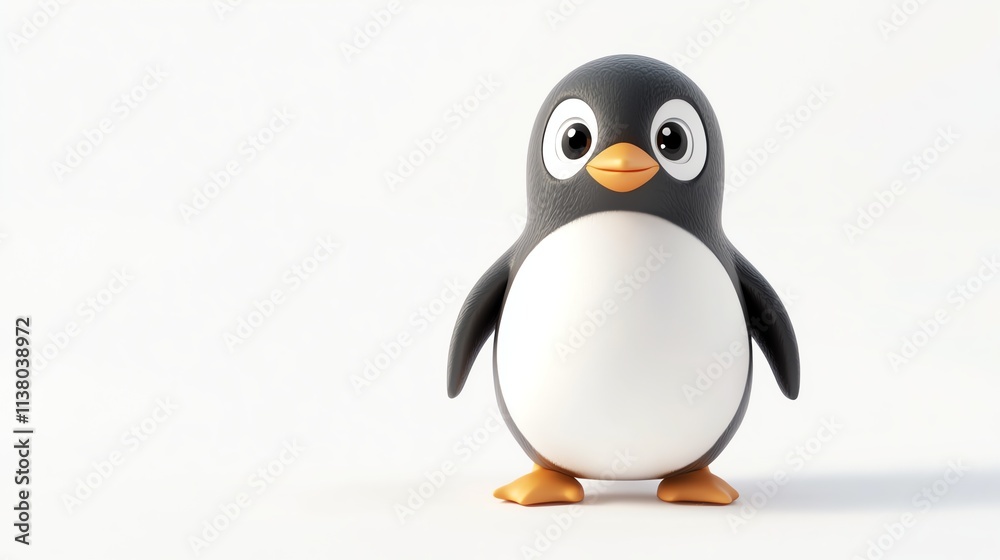 Fototapeta premium A cartoon penguin with big eyes stands on a white background.
