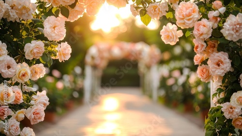 Scenic floral pathway at sunset garden nature photography outdoor photo