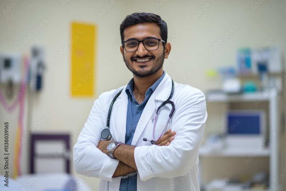 Portrait of a handsome young Indian doctor standing with arms crossed in a medical clinic, smiling at the camera. Portrait of a handsome young Indian doctor standing with arms crossed in a medical clinic, smiling at the camera.