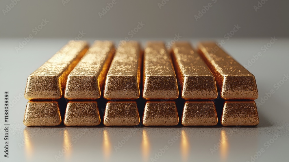 Rows of radiant gold bars are aligned perfectly, catching light and reflecting its glow, signifying wealth and investment potential in a serene environment Rows of radiant gold bars are aligned perfectly, catching light and reflecting its glow, signifying wealth and investment potential in a serene environment