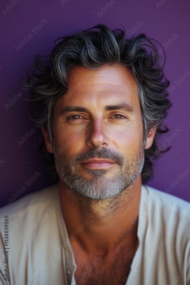 Man with curly hair and a well-groomed beard poses against a vibrant purple background in a neutral shirt capturing an expressive and confident demeanor Man with curly hair and a well-groomed beard poses against a vibrant purple background in a neutral shirt capturing an expressive and confident demeanor