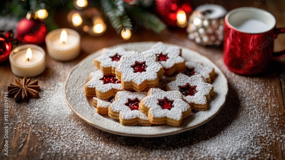 A beautifully arranged plate of Linzer cookies in various shapes, with a snowy layer of powdered sugar and a background of cozy holiday decor. A beautifully arranged plate of Linzer cookies in various shapes, with a snowy layer of powdered sugar and a background of cozy holiday decor.