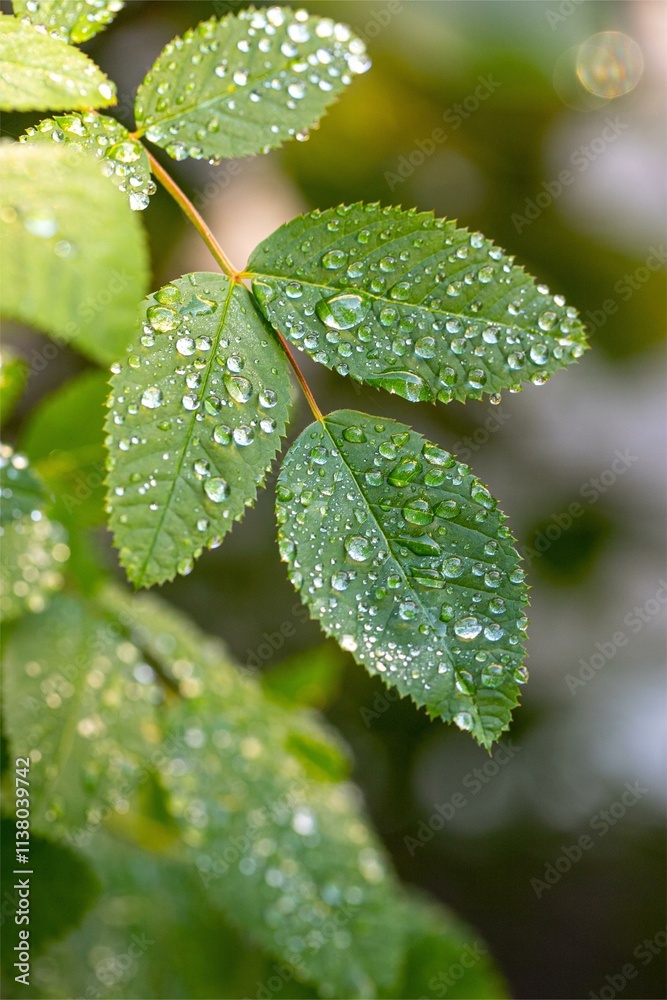 Drops of transparent rain water on a green leaf macro. Vertical photo. Drops of transparent rain water on a green leaf macro. Vertical photo.