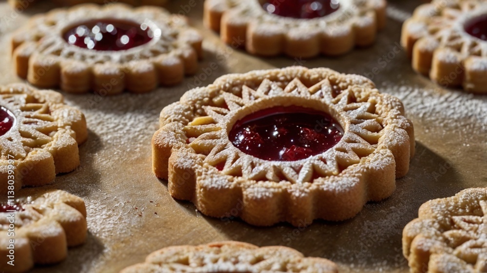 A close-up of a single Linzer cookie held by a hand, highlighting its intricate cut-out design and rich jam filling glistening in the light. A close-up of a single Linzer cookie held by a hand, highlighting its intricate cut-out design and rich jam filling glistening in the light.