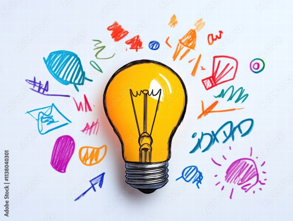 Fototapeta premium A bright yellow light bulb surrounded by colorful doodles representing creativity and ideas.