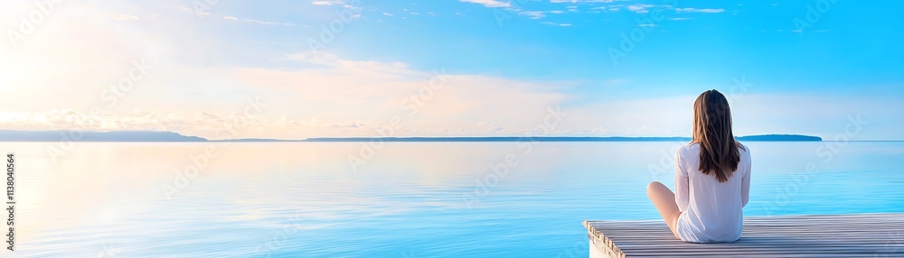 A serene scene of a woman sitting on a dock, gazing at a tranquil lake and a clear sky, evoking peace and reflection. A serene scene of a woman sitting on a dock, gazing at a tranquil lake and a clear sky, evoking peace and reflection.