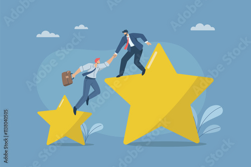 Businessman helps his teammates to go from small star to big star, Support or consulting for business success, Business assistance, Team friendship. Flat vector design illustration.