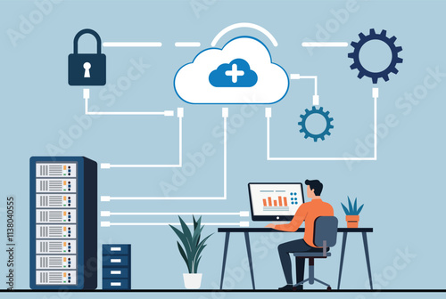 Cloud computing and data security concept illustration featuring a professional at a desk, server, cloud storage, gears, and a lock icon. Perfect for IT, cybersecurity, and technology themes.
