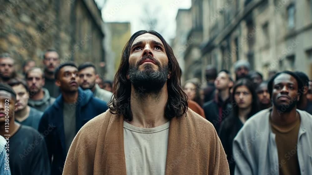 Jesus Christ in modern world walking on city street, people different races and age following him walking on the road