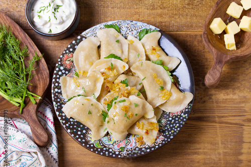 Dumplings with minced meat filling. Varenyky, vareniki, pierogi, pyrohy - dumplings with filling. High angle view