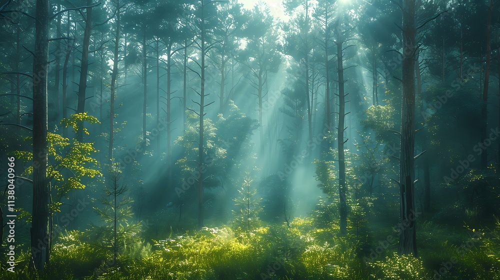 Obraz premium Dense forest with sunbeams filtering through the trees