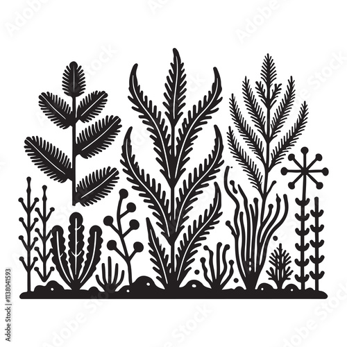 algae Silhouette Vector Illustration, Solid White Background.