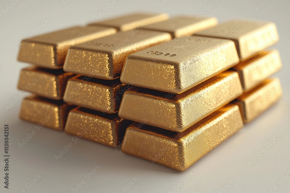 Golden bars are meticulously arranged in a stunning stack, glistening in soft light, symbolizing wealth and prosperity, inviting admiration and intrigue