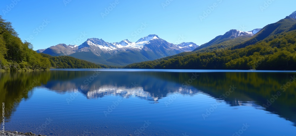 Serene lake reflecting majestic mountains and clear blue sky, surrounded by lush greenery, copy space for text Serene lake reflecting majestic mountains and clear blue sky, surrounded by lush greenery, copy space for text