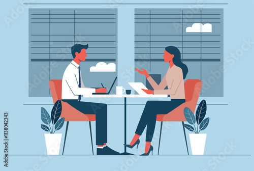 Professional illustration of a man and woman in a modern office engaged in a discussion at a table. Ideal for themes like interviews, teamwork, workplace collaboration, and business meetings.