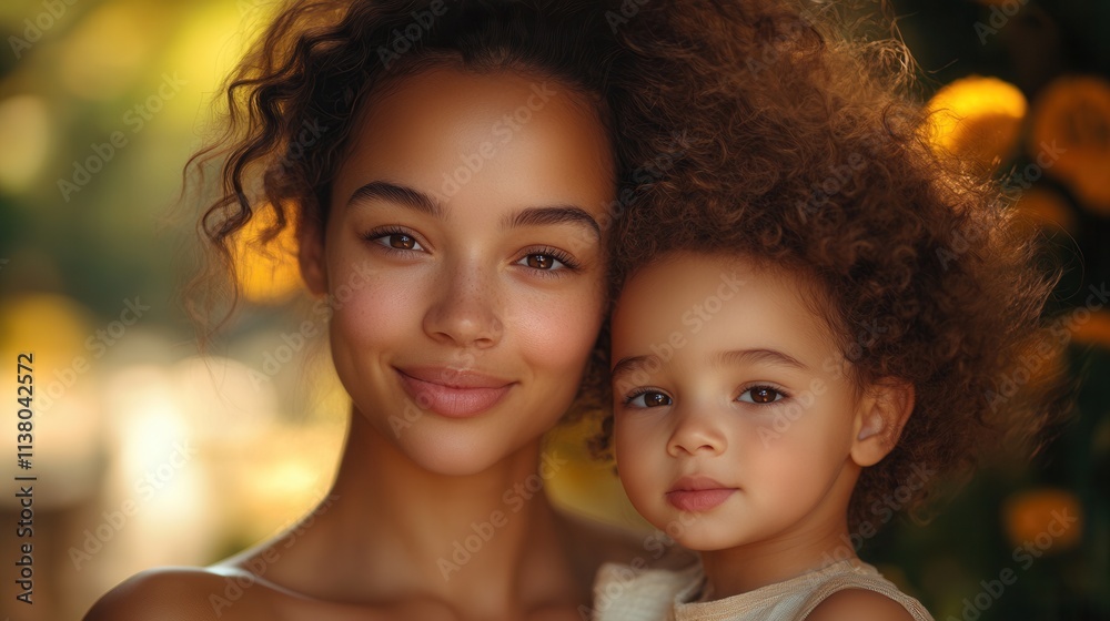 Mother and child sharing a warm moment in a flower-filled garden during golden hour light Mother and child sharing a warm moment in a flower-filled garden during golden hour light
