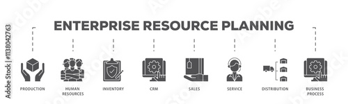 Enterprise resource planning infographic icon flow process which consists of production, human resources, inventory, crm, sales, service icon live stroke and easy to edit .