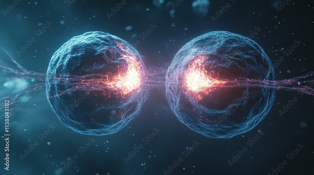 Fototapeta premium Two glowing cells dividing, connected by energy.