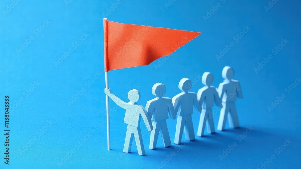 A group of paper figures standing in line, one holding an orange flag against a bright blue background. Symbolizes unity. A group of paper figures standing in line, one holding an orange flag against a bright blue background. Symbolizes unity.
