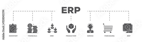 ERP infographic icon flow process which consists of inventory, financials, hrm, production, service, purchasing, and mrp icon live stroke and easy to edit .