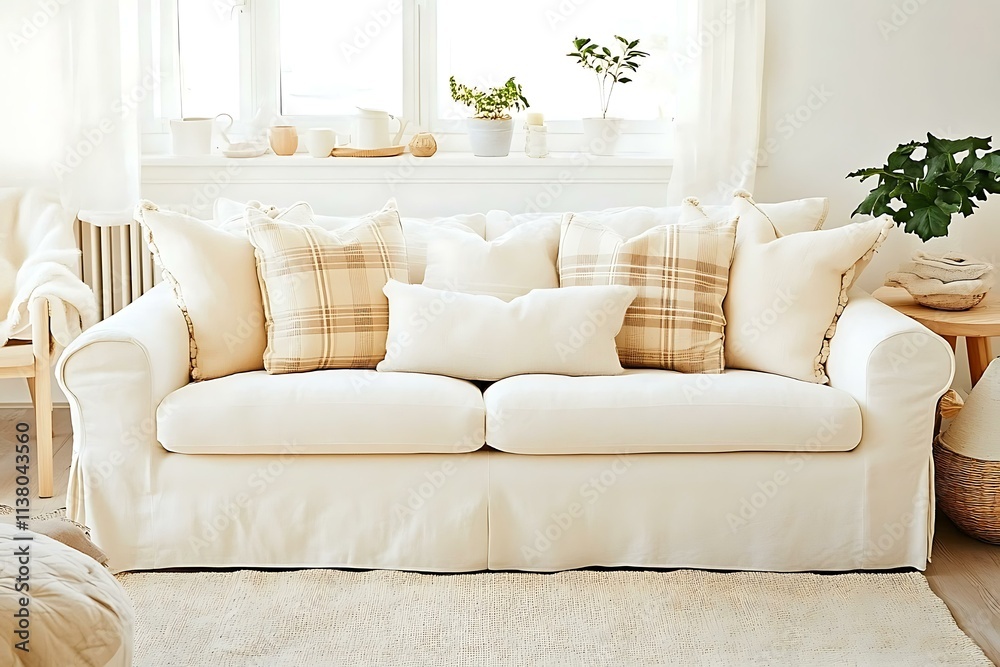 Fototapeta premium Cream Colored Sofa with Decorative Pillows