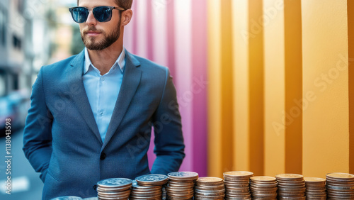 Businessman in a suit standing confidently with stacks of coins and a colorful background photo