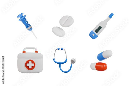 Vector 3D illustration demonstrating a set of medical instruments and drugs.