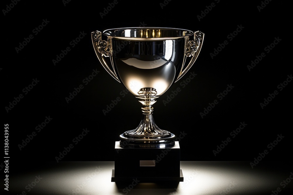 A silver cup trophy with a sleek black base, shimmering under a subtle spotlight. Perfect for awards or victory themes. A silver cup trophy with a sleek black base, shimmering under a subtle spotlight. Perfect for awards or victory themes.