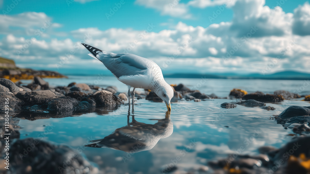 A seagull drinking from a tide pool on a rocky shore, with the ocean stretching into the horizon A seagull drinking from a tide pool on a rocky shore, with the ocean stretching into the horizon