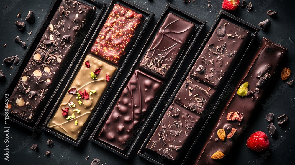 A set of gourmet chocolate bars with unique packaging and exotic flavors A set of gourmet chocolate bars with unique packaging and exotic flavors