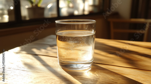 Glass of water on a wooden tabletop, background, sunny day