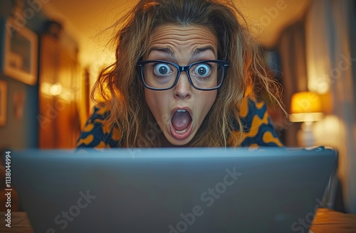 A curly-haired young freelancer with bad eyesight attempts to work from home, using her laptop and squinting at the screen while holding her glasses. There is copy space in the image.