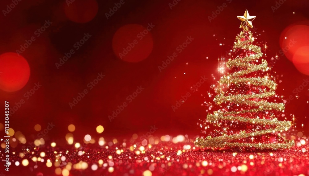 Sparkling Christmas tree with golden decorations and star on top, set against a festive red background. Holiday spirit. Sparkling Christmas tree with golden decorations and star on top, set against a festive red background. Holiday spirit.