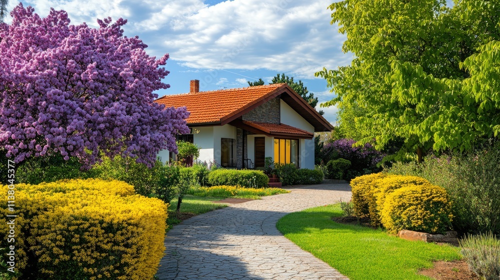 Charming residential house surrounded by vibrant lilac and chestnut trees creating a picturesque garden scene in a tranquil neighborhood Charming residential house surrounded by vibrant lilac and chestnut trees creating a picturesque garden scene in a tranquil neighborhood