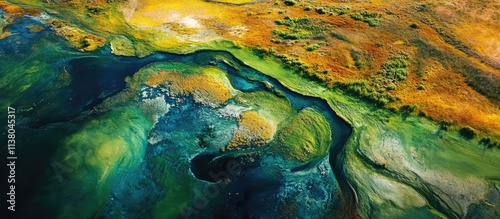 Vibrant aerial view showcasing the intricate patterns and colors of fields and water bodies in a natural landscape.