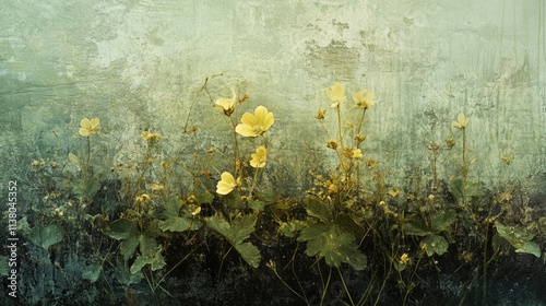 Fototapeta Naklejka Na Ścianę i Meble -  Botanical art featuring delicate yellow flowers and lush green foliage against a textured, muted background with an ethereal atmosphere