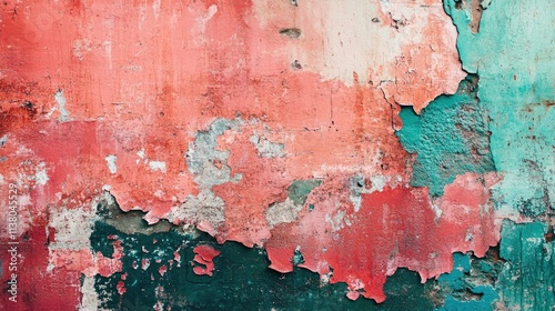 Vintage textured wall with peeling paint in vibrant colors creating an artistic background for various design projects. photo