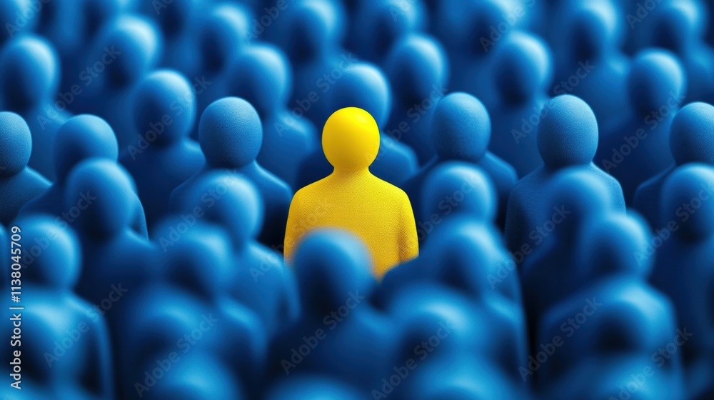 Obraz premium A single yellow figure stands out among a crowd of blue figures, symbolizing individuality and uniqueness in society.