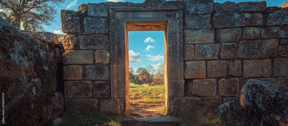 Ancient stone doorway framed by ruins under clear blue skies showcasing historical architecture and natural beauty in vibrant sunlight Ancient stone doorway framed by ruins under clear blue skies showcasing historical architecture and natural beauty in vibrant sunlight