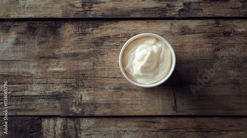 Cup of mayonnaise on rustic wooden surface showcasing creamy texture and natural colors for culinary and food-related themes