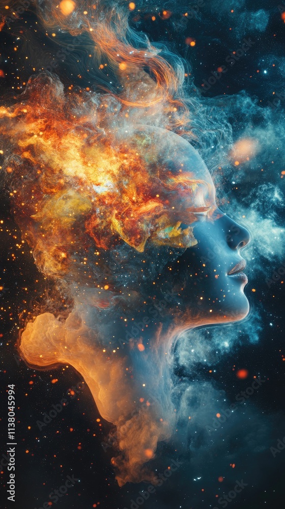 A surreal image of a woman's profile with fiery and smoky elements representing creativity.