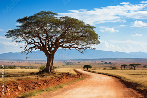 road in the countryside with lone tree photo