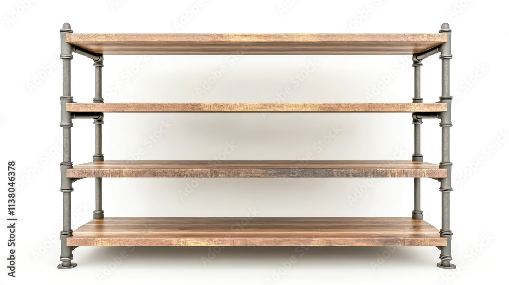 Empty four tier industrial style bookshelf with metal pipes and wooden planks on white background Empty four tier industrial style bookshelf with metal pipes and wooden planks on white background