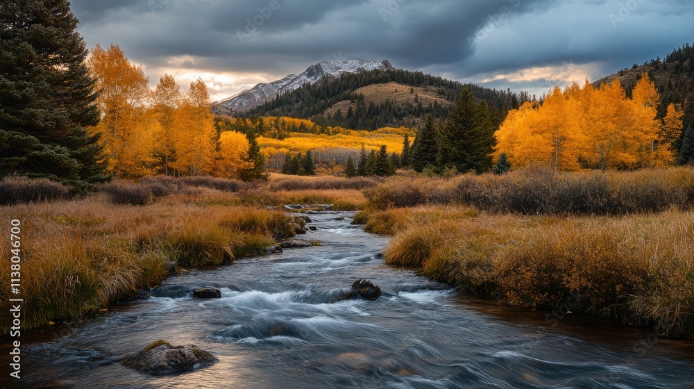 Serene autumn landscape with a flowing brook surrounded by vibrant fall foliage in the mountains against a dramatic cloudy sky Serene autumn landscape with a flowing brook surrounded by vibrant fall foliage in the mountains against a dramatic cloudy sky