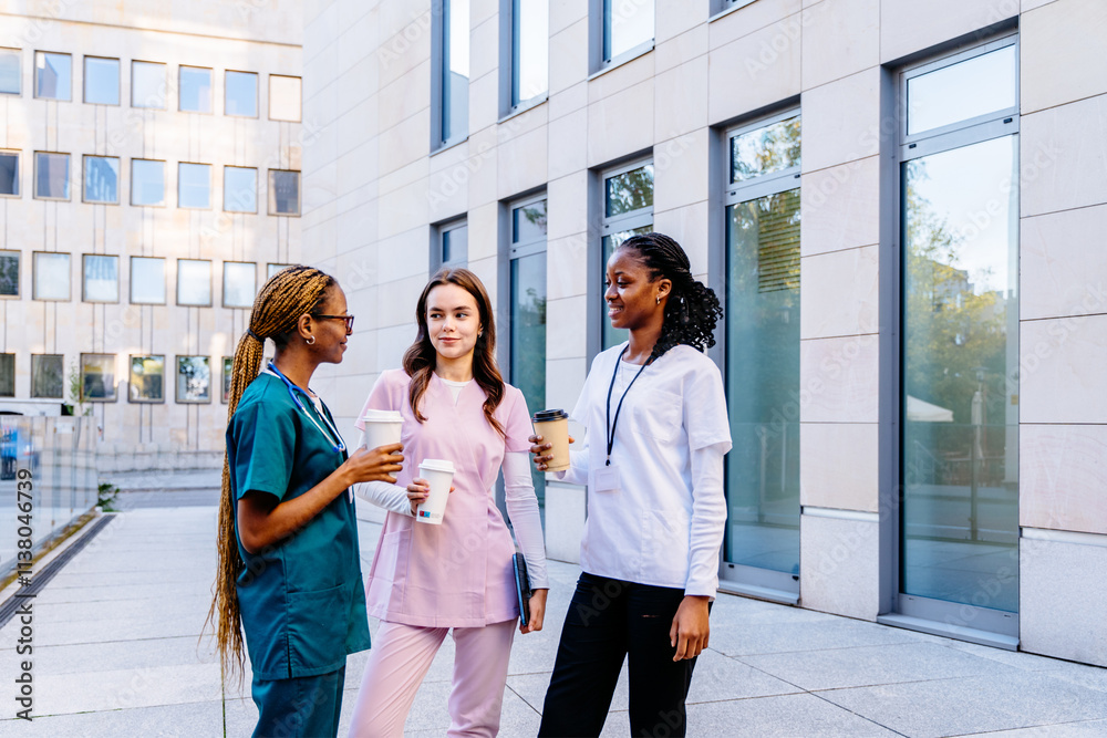 © Iryna - Women nurses, diverse ethnicities, chatting on coffee break outdoors. © Iryna - Women nurses, diverse ethnicities, chatting on coffee break outdoors.