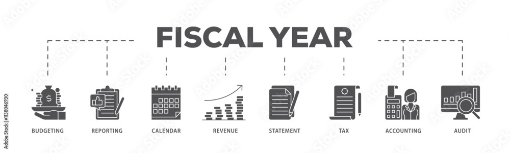 Fiscal year infographic icon flow process which consists of budgeting, reporting, calendar, revenue, statement, tax, accounting, audit icon live stroke and easy to edit . Fiscal year infographic icon flow process which consists of budgeting, reporting, calendar, revenue, statement, tax, accounting, audit icon live stroke and easy to edit .