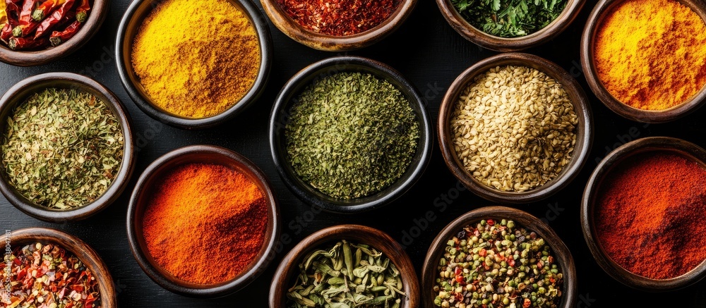 Colorful array of spices in bowls highlighting diverse culinary traditions and flavors from around the world for an ethnic menu presentation. Colorful array of spices in bowls highlighting diverse culinary traditions and flavors from around the world for an ethnic menu presentation.